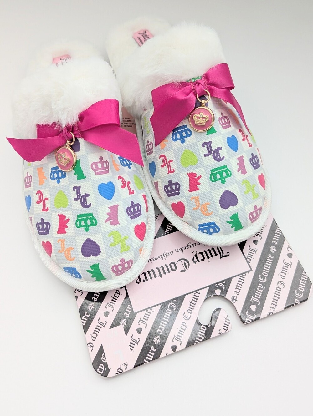 NWT Juicy Women's (Large) Colorful Slide-In Fuzzy Mule Slippers w/Bow & Charm